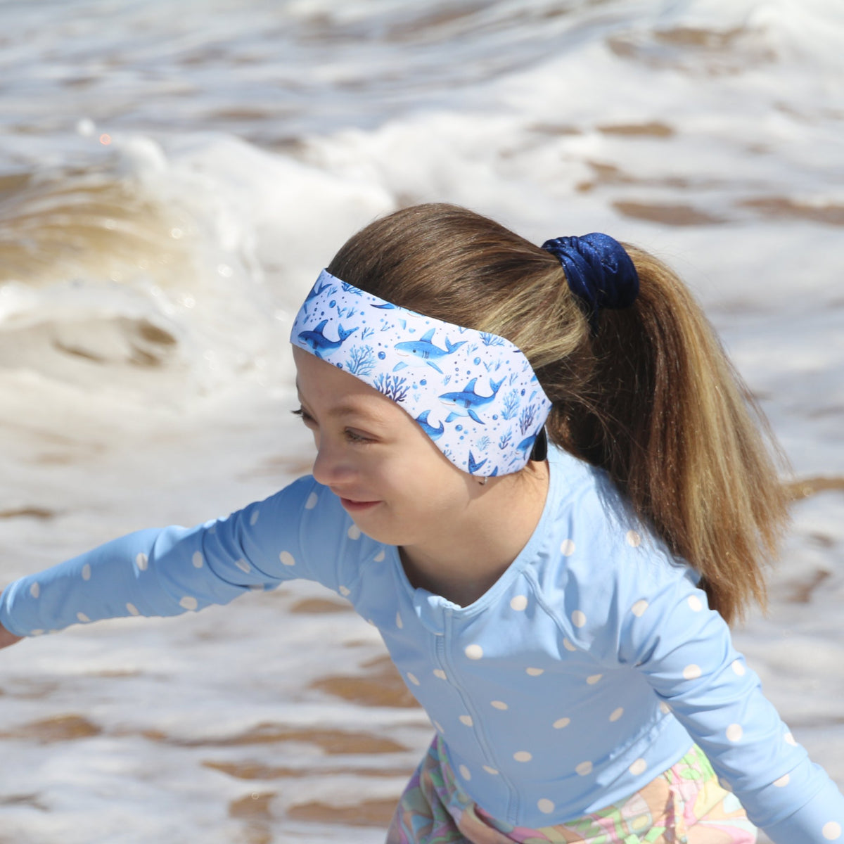 Audry Shark Swim Ear Band - Neoprene Ear Protection for Kids with Grommets